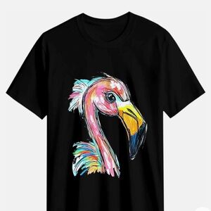 Black T-Shirt with Colorful Flamingo Print